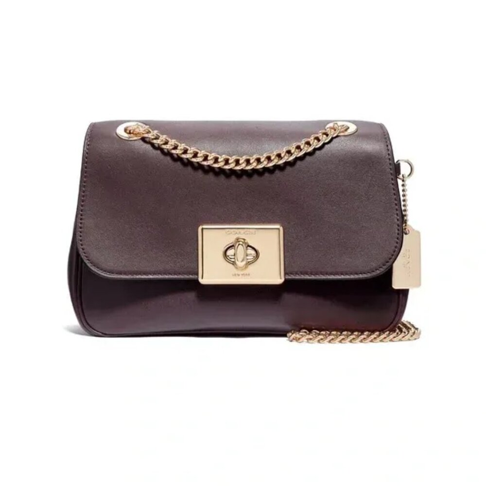 Coach 2018 Cassidy Oxblood Maroon Leather Turnlock Flap Chain Crossbody F34828